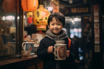 Papier Peint photo Tokyo Medium shot portrait photography of a happy kid male holding a cup of coffee wearing an intricate lace top at the tsukiji fish market in tokyo japan. With generative AI technology