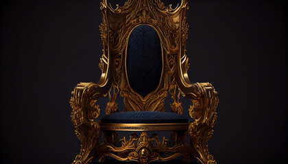 The Throne, Gold royal chair on a dark background. Place for the king, luxury golden armchair, Ai generated image