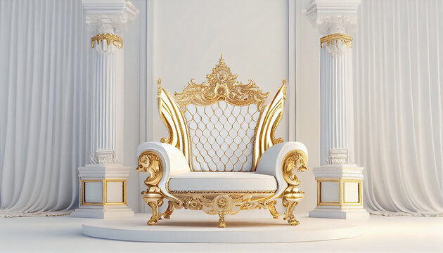 The Throne Room with Gold royal chair on a white background of white curtains. Place for the king. Throne, classic chair in the room, Ai generated image