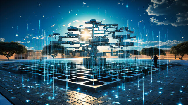 A fountain spouting streams of digital knowledge accessible to all, representing the democratization of education through technology