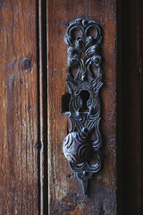 Détail de décor en fer forgé sur une porte ancienne en bois dans un château médiéval