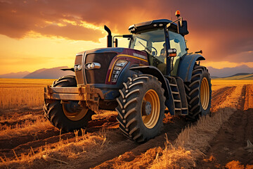 farm wheat field harvester under sunset