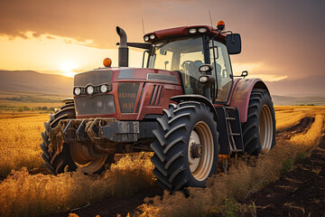 Fototapeta premium farm wheat field harvester under sunset