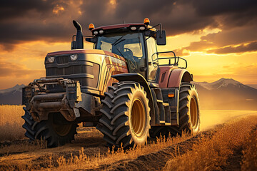 farm wheat field harvester under sunset