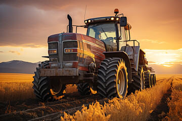 farm wheat field harvester under sunset
