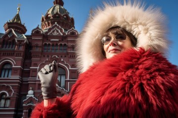 Lifestyle portrait photography of a satisfied mature woman holding a mirror donning an extravagant feather boa at the red square in moscow russia. With generative AI technology