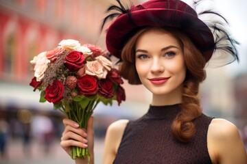 Environmental portrait photography of a glad girl in her 20s holding a bouquet of flowers showing off a fancy fascinator at the red square in moscow russia. With generative AI technology