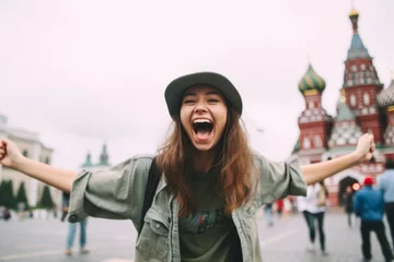 Deurstickers Moskou Medium shot portrait photography of a cheerful girl in her 20s shaking fist sporting a practical bucket hat at the red square in moscow russia. With generative AI technology