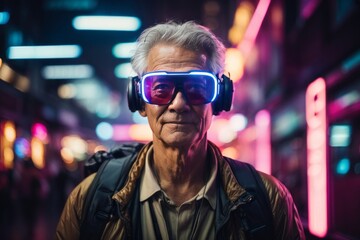An senior (elderly) man wearing virtual reality glasses against the backdrop of a cyberpunk-style city at night. Elderly people and modern technologies. Portrait of an elderly man with a slight smile