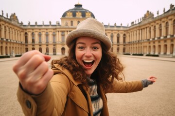 Environmental portrait photography of a cheerful girl in her 30s shaking fist donning a stylish trapper hat at the palace of versailles in versailles france. With generative AI technology