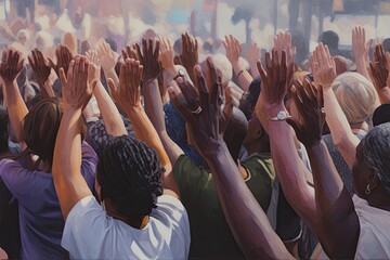 A joyful crowd at a music festival raises their hands in celebration.