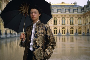Medium shot portrait photography of a merry boy in his 20s holding an umbrella showing off a bold...