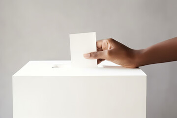 A hand holds a blank ballot paper ready to be placed in the ballot box.