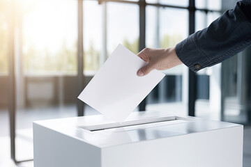 The hand lowers the vote into the ballot box, reflecting the right to choose, political participation and civic responsibility.