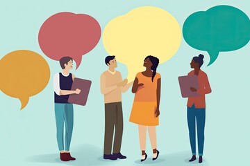 Naklejka premium Speech bubbles bring people together as a group, symbolizing meaningful discussions, teamwork, and the exchange of ideas.