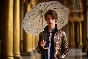 Medium shot portrait photography of a merry boy in his 20s holding an umbrella showing off a bold...