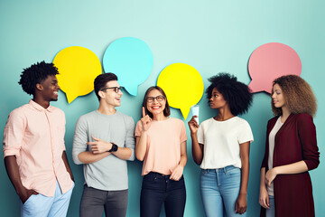 Diverse group of people engaging in positive communication and collaboration, exchanging ideas and smiling on a blue background.