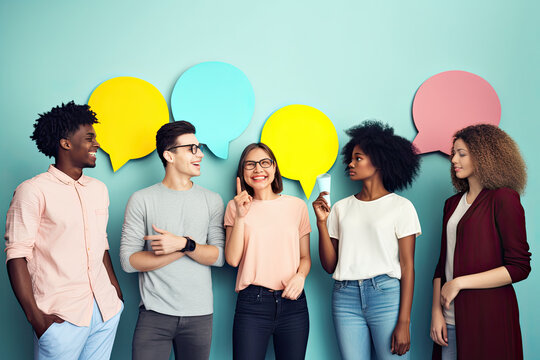 Diverse Group Of People Engaging In Positive Communication And Collaboration, Exchanging Ideas And Smiling On A Blue Background.