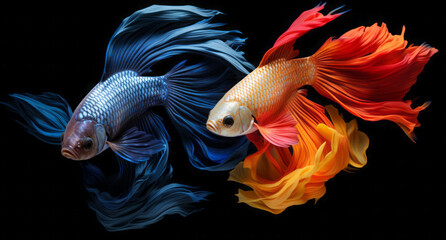 two Siamese fighting fish. Betta.  Orange, blue. Black background.