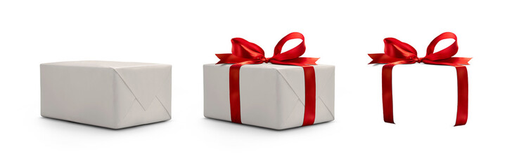 A side view of a wrapped Christmas present with a red bow made from ribbon isolated against a transparent background with spare ribbon to the right.