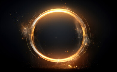 Magic round frame, circle made of gold neon light. 