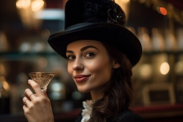 Close-up portrait photography of a glad girl in her 30s raising a glass in toast donning a formal top hat at the mecca in saudi arabia. With generative AI technology