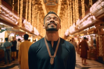 Lifestyle portrait photography of a content boy in his 30s miming a 'i don't know' shrug wearing a dramatic choker necklace at the mecca in saudi arabia. With generative AI technology - obrazy, fototapety, plakaty