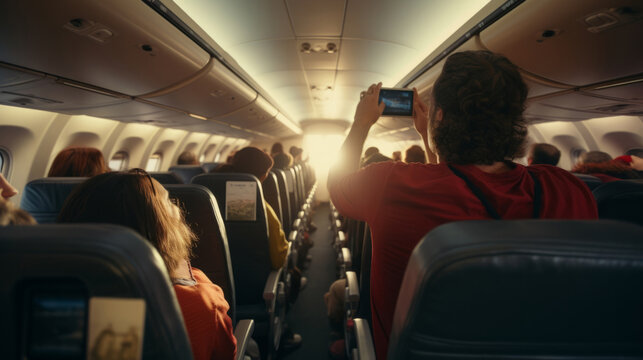 Passenger taking photo in airplane full of people. Bright light in front of cabin, crash concept