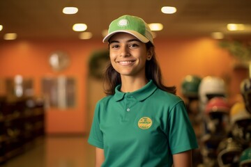 Environmental portrait photography of a grinning girl in her 20s holding a skateboard wearing a breathable golf polo at the mecca in saudi arabia. With generative AI technology