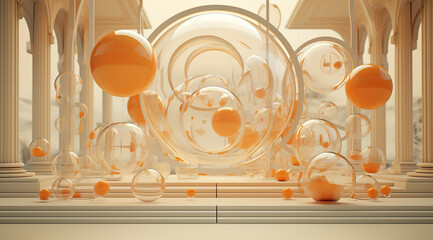 Spherical orange sculptures at transparent box walls, multiple cubes backdrop