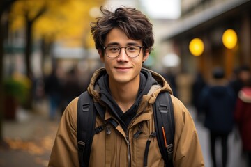 Portrait of a student standing on the street with a backpack - obrazy, fototapety, plakaty