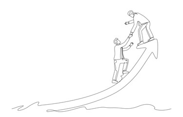 Continuous one-line drawing of businessman helping colleague to climb up rising arrow, collaboration and mentorship concept, single line design vector illustration.