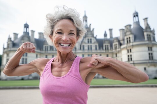 Medium shot portrait photography of a happy mature woman making a fist sporting a stylish sports bra at the chateau de chambord in chambord france. With generative AI technology