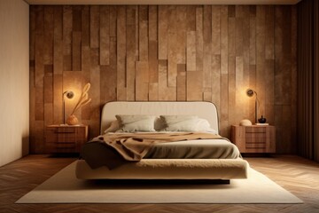 Lavish Bedroom with Designer Furniture, High Ceilings, and Elegant Decorative Accents..Wood accents and natural light