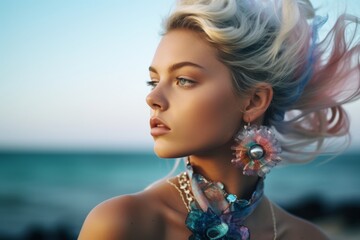 Close-up portrait photography of a content girl in her 20s blowing a bubblegum donning an ornate brooch at the great barrier reef in queensland australia. With generative AI technology - obrazy, fototapety, plakaty