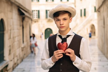 Photography in the style of pensive portraiture of a blissful boy in his 20s hand on heart showing off a fancy fascinator at the dubrovnik old town in dubrovnik croatia. With generative AI technology