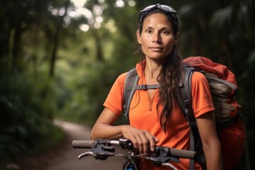 Medium shot portrait photography of a tender mature woman holding a box donning a padded cycling jersey at the tikal national park in peten guatemala. With generative AI technology