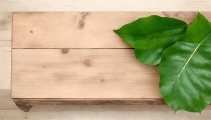 Empty Wooden Board with Fresh Green Leaves for Food Products Presentation