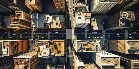 A bird's eye view of the busy streets and tall buildings.  