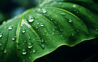 Water drops on Monstera leaf, nature background - obrazy, fototapety, plakaty