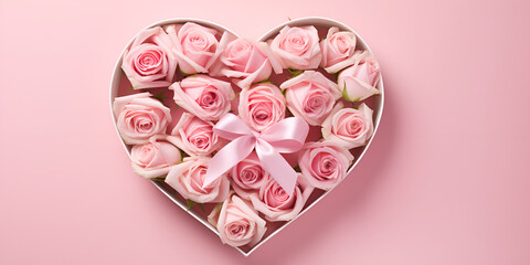 heart shaped box with roses, Heart made of beautiful flowers on color background, Beautiful heart made of beautiful pink roses on a pink background. I love you, generative Ai