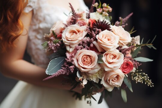 Wedding bouquet of roses in the hands of the bride.  Wedding concept with copy space.