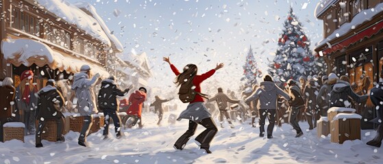 Dynamic representation of a model playfully engaged in a snowball fight, encapsulating the childlike wonder of Christmas time