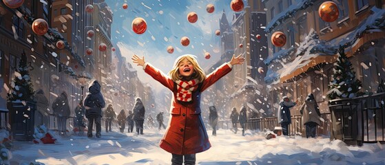 Dynamic representation of a model playfully engaged in a snowball fight, encapsulating the childlike wonder of Christmas time