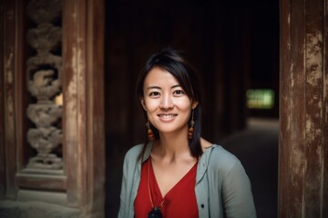 Headshot portrait photography of a joyful girl in her 30s hand on heart donning a trendy cropped top at the mausoleum of the first qin emperor in xian china. With generative AI technology