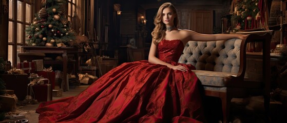 High-fashion portrayal of a model in couture, juxtaposed against a rustic Christmas setting, merging glamour with tradition