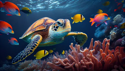 Gordijnen Turtle with group of colorful fish and sea animals with colorful coral underwater in ocean, coral reef with fish, Ai generated image   © FH Multimedia