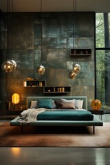 Lavish Bedroom Ambiance Showcasing Sleek Beauty, Luxurious Amenities, Warm Hardwood Floors, Wood Walls