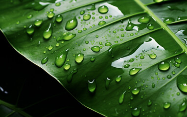 Water drops on Monstera leaf, nature background
