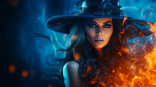 Beautiful young woman in witch halloween carnival costume on shiny nature background. Generative AI